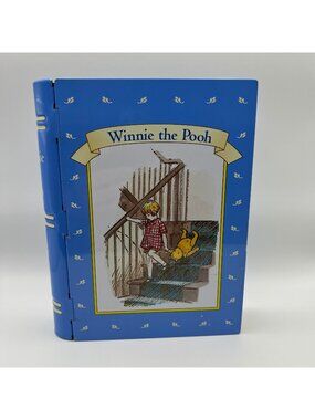 Winnie The Pooh Blue Metal Storage Tin Box - Schylling - Book Design With Gold I
